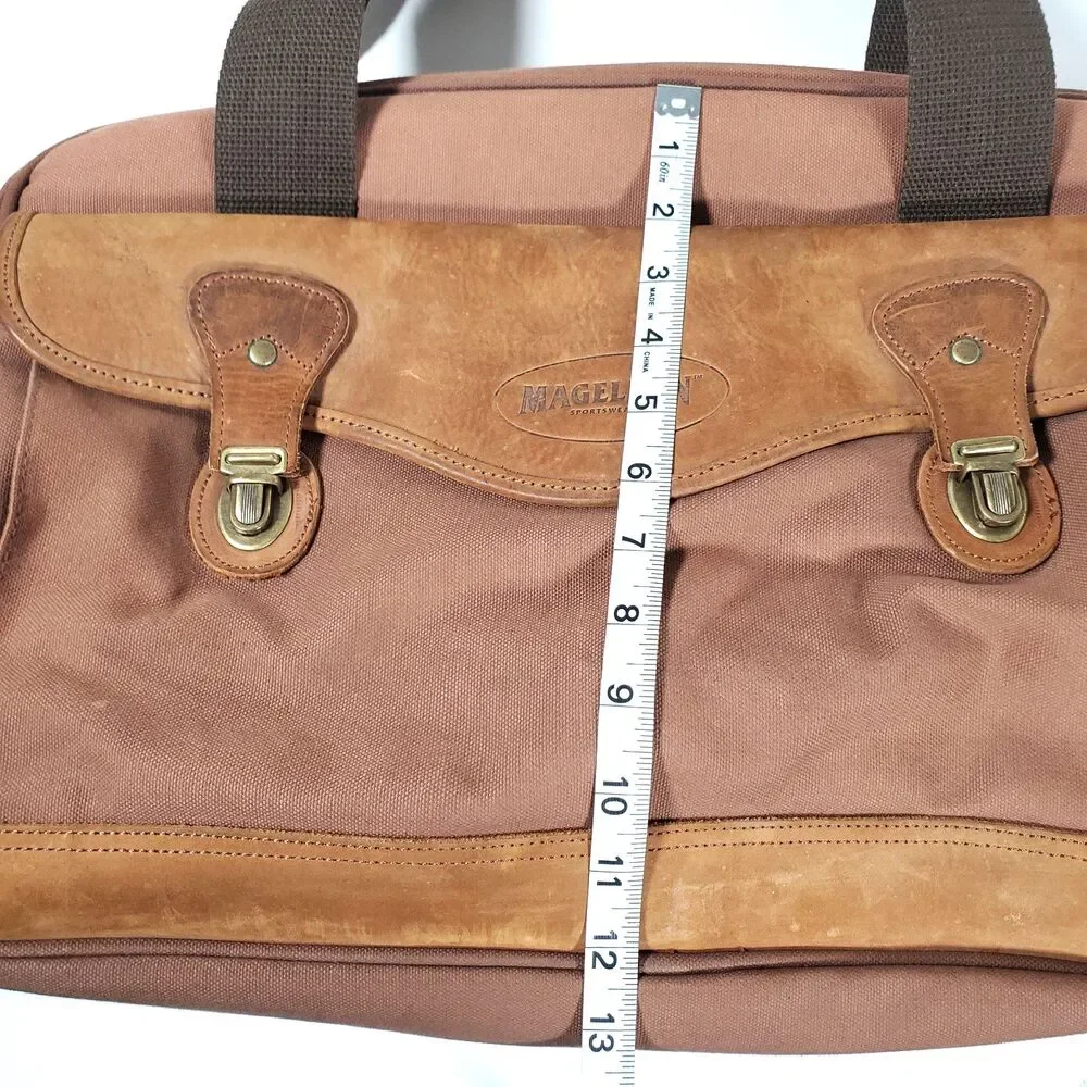 Magellan Duffle Bag Large Leather Brown Rust Red Canvas Trim Shoulder Strap